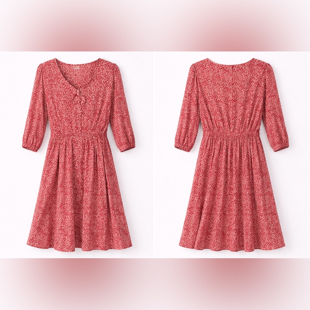 Angie Red Floral Long-Sleeve Smocked-Waist Dress